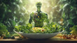 green powerfull man within vegetables