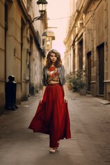 Wall Mural - beautiful model who poses in front of the camera in the street with modern outfit