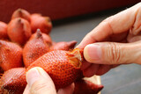 Closeup of Hand Pinching the Tip of Snakeskin Fruit to Peel it