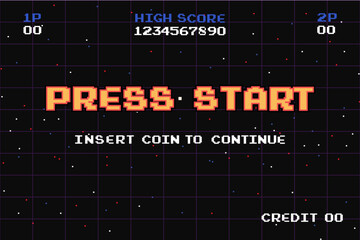 Poster - press start insert a coin to continue .pixel art .8 bit game.retro game. for game assets in vector i