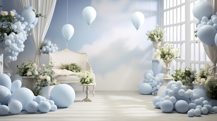 Wall Mural - Scene decorated with balloons and flowers in the background, light blue and light gray style, mysterious backgrounds