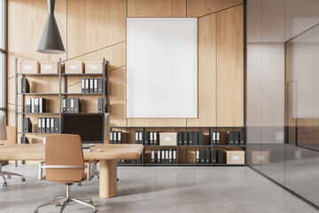 Poster - modern office room interior with pc computers and shelf. mockup frame