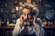 mad scientist looking at camera in funny image