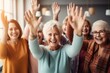 group of happy elderly women celebrating with enthusiasm