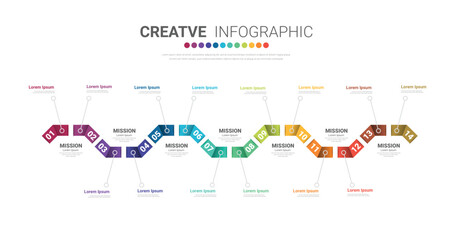 Canvas Print - Timeline infographics design vector and marketing icons can be used for workflow layout, diagram, annual report, web design. Business concept with 14 options, steps or processes.