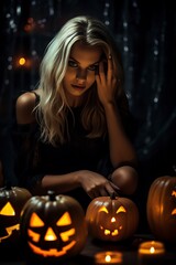 woman with a glowing pumpkin in a mysterious darkness