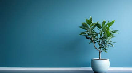 Canvas Print - Fresh green leaves of tropical palm against blue wall background and bright shadows.