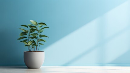 Canvas Print - Fresh green leaves of tropical palm against blue wall background and bright shadows.