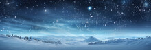 Panoramic Snowy Background At Night, Winter Wonderland, Snow-covered Trees, Sky And Stars
