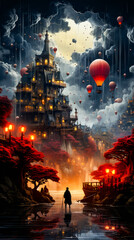 Canvas Print - Image of city with hot air balloons floating in the sky.