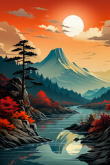 Wall Mural - Image of mountain with river running through it.