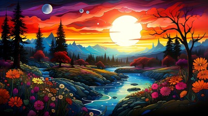 Canvas Print - Image of sunset over river with mountains in the background.