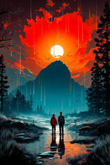 Wall Mural - Two people standing in the rain under orange and blue sky.