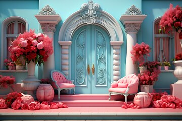 Poster - Set of pink furniture in front of blue door.