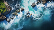Aerial View Of Sea Shore Ocean Blue Tides Tidal Waves Beautiful Calming Wallpaper Background Template Presentation Slides Granite Rocks Limestones Erosion Water Cascade Aqua Color Landscapes Nature