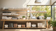 Sustainable Products in Bright Eco Store, eco-friendly store interior is lined with sustainable products on wooden shelves, emphasizing modern minimalism and environmental consciousness