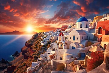 Wall Mural - Beautiful sunset over Santorini island, Greece. Beauty world, Beautiful view of Churches in Oia village, Santorini island in Greece at sunset, with dramatic sky, AI Generated