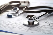 Stethoscope On The Medical Report. Healthcare And Medical Concept, Billing Statement For Medical Service In Doctor's Office Background, AI Generated