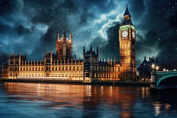 Wall Mural - Big Ben and Houses of Parliament at night, London, UK, Big Ben and the Houses of Parliament at night in London, UK, AI Generated