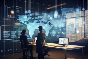 Poster - Business people working together in office with double exposure of digital world map. Toned image, Business people working in modern office with virtual screens on wall, AI Generated