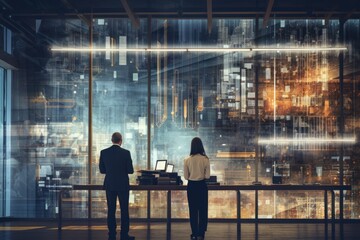 Poster - businessman and businesswoman standing in modern office interior with panoramic window and city view
