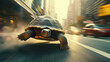 A turtle moving at an exceptionally high speed on a bustling city street