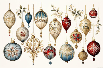 Set of pretty decorated red cream blue and gold hand painted watercolor style, Christmas ornament baubles isolated on white background