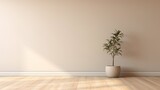 Fototapeta  - Blossom branch in clay vase near beige stucco wall background. Interior design of modern living room with space for text
