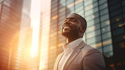 Happy wealthy rich successful black businessman standing in big city modern skyscrapers street on sunset thinking of successful vision, dreaming of new investment opportunities.