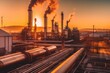 © aboutmomentsimages - Oil refinery plant at dusk, view of oil and gas petrochemical industrial, Refinery factory oil storage tank and pipeline steel during sunset