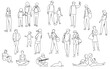 © Galina - Silhouettes men, women, teenagers and children standing, walking, sitting, with dog, linear sketch,  black color, vector, group rest people, students, design concept of flat icon, isolated on white