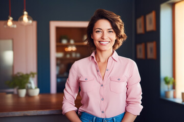 Woman in pink shirt is smiling for the camera.