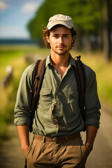 Poster - Man with hat and backpack standing on road.