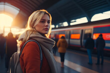 Woman Standing In Train Station With Train In The Background.