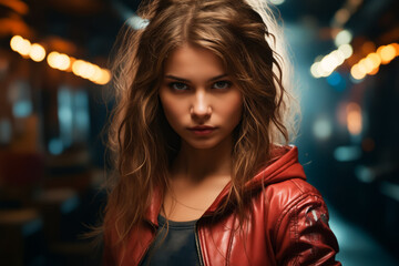 Poster - Woman with long hair and red jacket on.