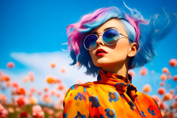 Wall Mural - Woman with blue hair and sunglasses on sunny day.