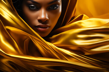 Canvas Print - Woman with gold scarf around her neck and eyes.