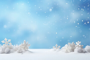 Winter blue snowy background with beautiful light and snowflakes. Generative AI