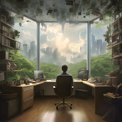 Wall Mural - Person in a modern office, surrounded by technology, but looking out of the window to the natural world beyond