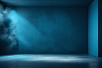 Wall Mural - Abstract background with blank dark wall and smoky concrete floor illuminated by blue color. Mockup, 3D rendering