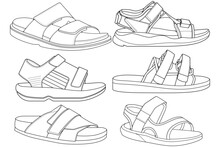 Strap Sandals Outline Drawing Vector, Strap Sandals Drawn In A Sketch Style, Bundling Strap Sandals Template Outline, Vector Illustration.