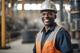 Fototapeta  - Smiling professional heavy industry black worker in a protective uniform and hard hat. Dispersed large industrial plant.