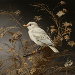 white bird on brown plant on the dark background 