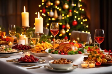  Christmas dining table, Christmas decor with a Christmas tree in the background,