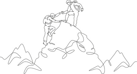 Wall Mural - Climbers at the top. Climbing in the mountains in a group. Mountaineering. Mountain climb. Scenery. Hiker helping friend reach the mountain top. One continuous line. Linear. Hand drawn, white backgrou