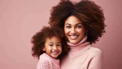 happy vogue fashion mother wearing lovingly embracing her kid, Bright solid light background