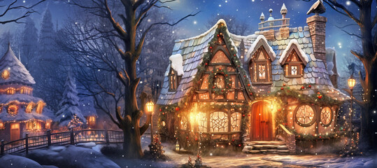 Wall Mural - A small fairy tale cottage in a winter snow covered forest, Christmas background with woodland house made by gnomes and trolls