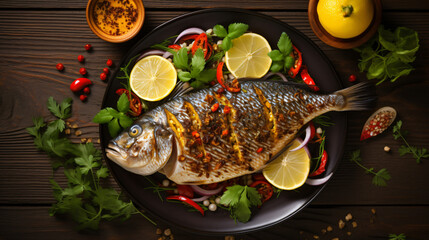 Wall Mural - Delicious grilled dorado or sea bream fish with salad.