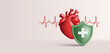 © YarM - Realistic heart illustration with shield icon and heart beat cardio line, 3d render illustration