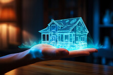 Blue Hologram Of House In Palm Of Human Hand. Concept Of Mortgage, Home Loan, Bank Loan For Housing, Investment